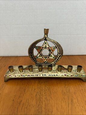 Vintage brass menorah with colorful enamel. 9 candle holder. Star of David